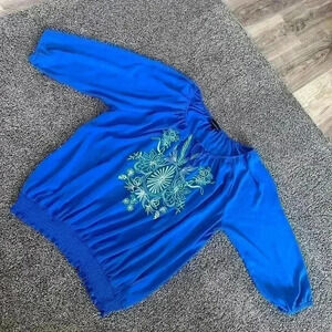 Lane Bryant plus size 26/28 blue white stitching sequin blouse office classic